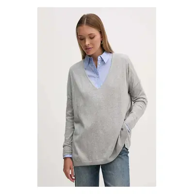 Svetr z vlněné směsi Pepe Jeans ISELA V-NECK dámský, šedá barva, lehký, PL702220