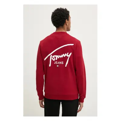 Bavlněná mikina Tommy Jeans pánská, vínová barva, s potiskem, DM0DM19230