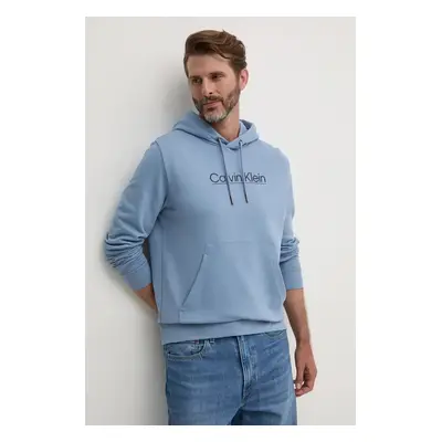 Bavlněná mikina Calvin Klein pánská, modrá barva, s kapucí, s potiskem, K10K113576