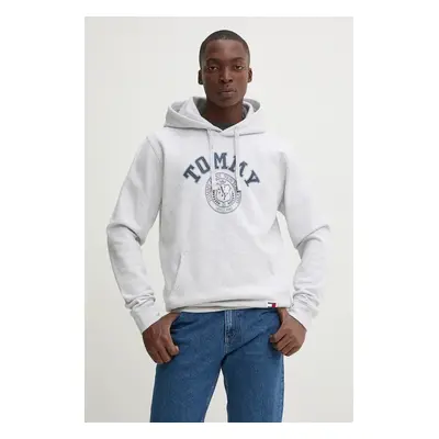 Mikina Tommy Jeans pánská, šedá barva, s kapucí, s potiskem, DM0DM19235