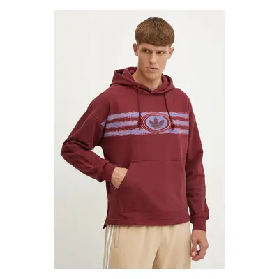 Bavlněná mikina adidas Originals pánská, vínová barva, s kapucí, s potiskem, JM0470