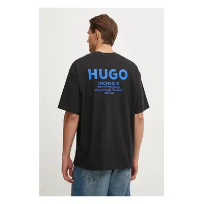 Bavlněné tričko Hugo Blue černá barva, s potiskem