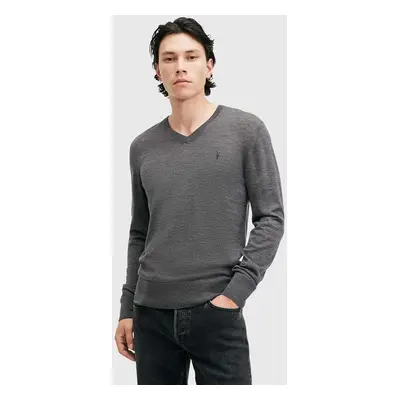 Vlněný svetr AllSaints MODE MERINO VNECK pánský, šedá barva, lehký, M022KA