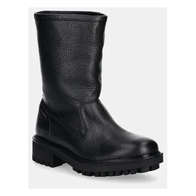 Kožené kotníkové boty Calvin Klein FLAT BIKER BOOT LTH dámské, černá barva, na platformě, HW0HW0