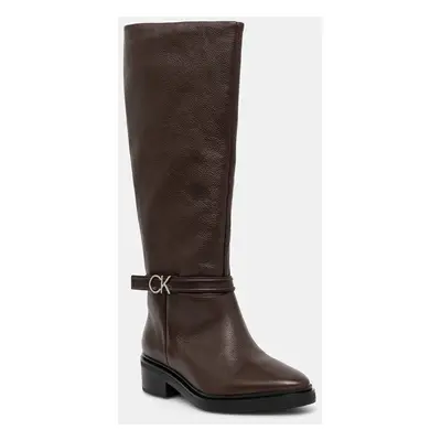 Kožené kozačky Calvin Klein HEEL KNEE BOOT 30 W/HW LTH dámské, hnědá barva, na platformě, HW0HW0