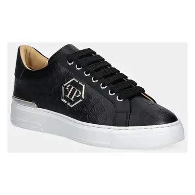 Kožené sneakers boty Philipp Plein Nappa Lo-Top Monogram černá barva, USC0665 PLE010N 02