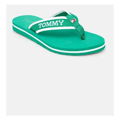 Žabky Tommy Hilfiger HILFIGER WEBBING POOL SLIDE dámské, zelená barva, na plochém podpatku, FW0F