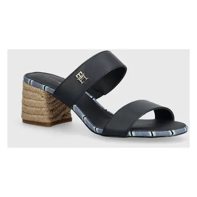 Kožené pantofle Tommy Hilfiger BLOCK MID HEEL SHIRTING SANDAL dámské, tmavomodrá barva, na podpa