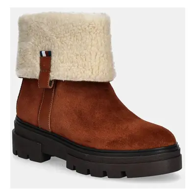 Semišové boty Tommy Hilfiger FAUX FUR SUEDE ROLL-DOWN BOOT hnědá barva, na plochém podpatku, zat