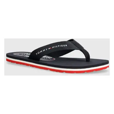 Žabky Tommy Hilfiger GLOBAL STRIPES FLAT BEACH SANDAL dámské, tmavomodrá barva, na plochém podpa