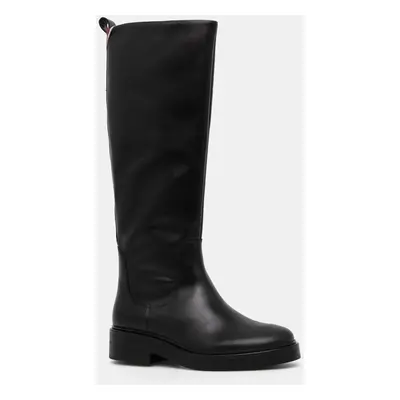 Kožené kozačky Tommy Hilfiger PREMIUM LEATHER LONG BOOT dámské, černá barva, na plochém podpatku