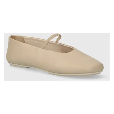 Kožené baleríny Calvin Klein BALLERINA W/STRAP LTH béžová barva, HW0HW01920