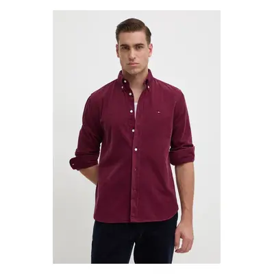 Bavlněná košile Tommy Hilfiger vínová barva, regular, s límečkem button-down, MW0MW36847