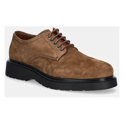 Nubukové polobotky Calvin Klein DERBY SUEDE hnědá barva, HM0HM01689