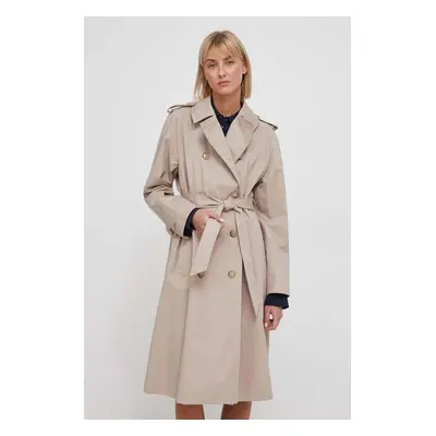 Trench kabát Tommy Hilfiger dámský, béžová barva, přechodný, dvouřadový, WW0WW40482