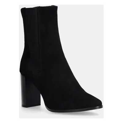 Nubukové kotníkové boty Calvin Klein HEEL CHELSEA BOOT 85 SUE černá barva, na podpatku, HW0HW021