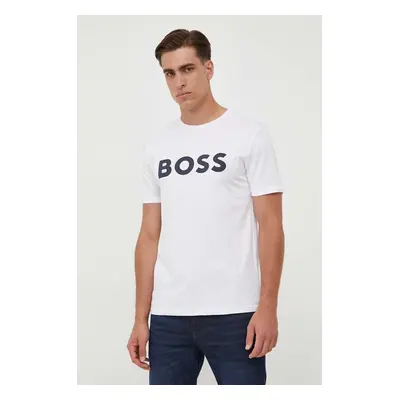 Bavlněné tričko BOSS CASUAL béžová barva, s potiskem, 50481923