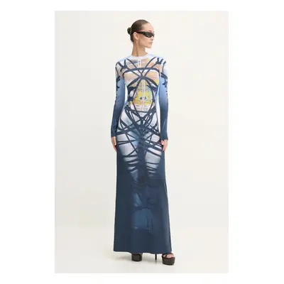 Šaty Y/Project BONDAGE PRINT LONG SLEEVE DRESS modrá barva, maxi, 104DR006