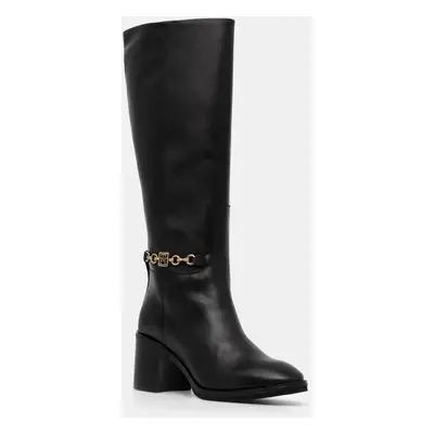 Kožené kozačky Tommy Hilfiger TH CHAIN LEATHER LONG BOOT dámské, černá barva, na podpatku, FW0FW