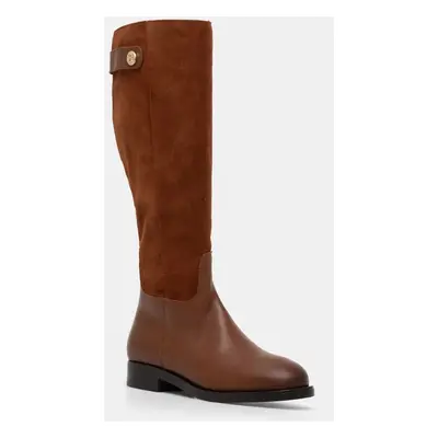 Kožené kozačky Tommy Hilfiger TH STUD LEATHER MIX LONG BOOT dámské, hnědá barva, na plochém podp