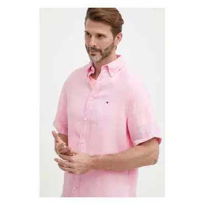 Lněná košile Tommy Hilfiger růžová barva, regular, s límečkem button-down, MW0MW35207