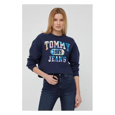 Bavlněná mikina Tommy Jeans dámská, tmavomodrá barva, s potiskem