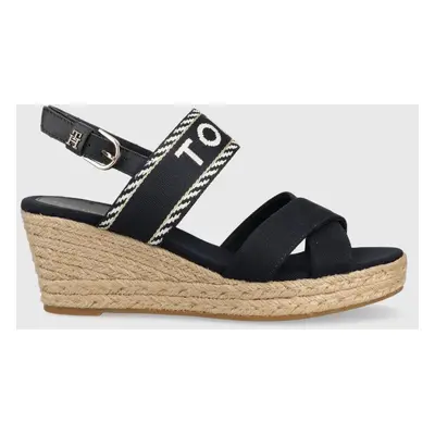 Sandály Tommy Hilfiger SEASONAL WEBBING MID WEDGE dámské, tmavomodrá barva, na klínku, FW0FW0709