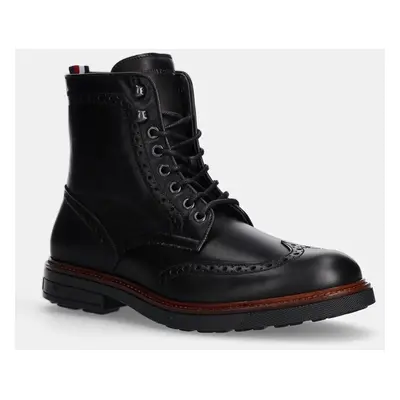 Kožené boty Tommy Hilfiger HILFIGER WARM LTH BROGUE BOOT pánské, černá barva, FM0FM05195