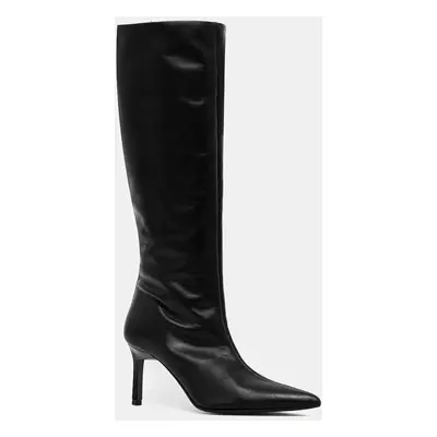 Kožené kozačky Calvin Klein HEEL KNEE BOOT 70 LTH dámské, černá barva, na podpatku, HW0HW02162