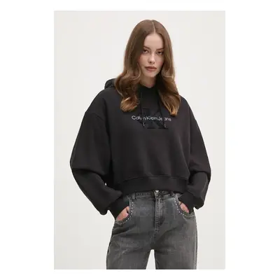 Bavlněná mikina Calvin Klein Jeans dámská, černá barva, s kapucí, s aplikací, J20J224170