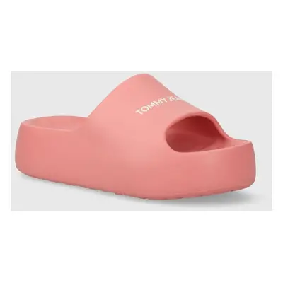 Pantofle Tommy Jeans TJW CHUNKY FLATFORM SLIDE dámské, růžová barva, na platformě, EN0EN02454