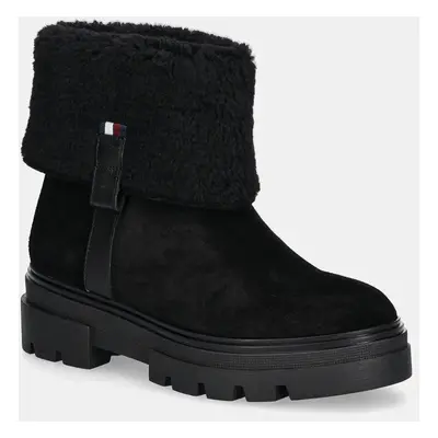 Semišové boty Tommy Hilfiger FAUX FUR SUEDE ROLL-DOWN BOOT černá barva, na plochém podpatku, zat