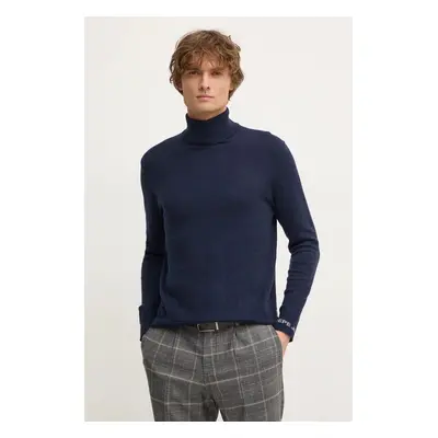 Svetr z vlněné směsi Pepe Jeans NEW ANDRE TURTLE NECK pánský, tmavomodrá barva, lehký, s golfem,