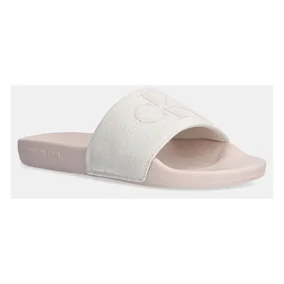 Pantofle Calvin Klein Jeans SLIDE MONOGRAM CO dámské, béžová barva, YW0YW00103