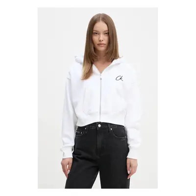 Bavlněná mikina Calvin Klein Jeans dámská, bílá barva, s kapucí, s aplikací, J20J224440