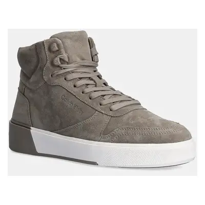 Semišové sneakers boty Calvin Klein HIGH TOP LACE UP BSKT SUE šedá barva, HM0HM01592