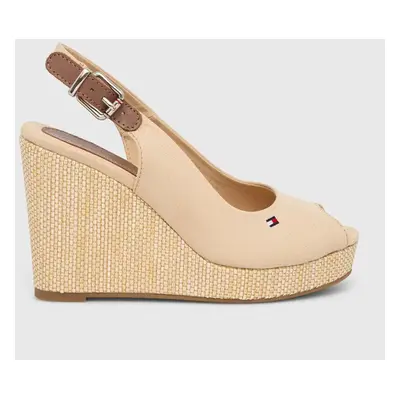 Sandály Tommy Hilfiger ICONIC ELENA SLING BACK WEDGE dámské, béžová barva, na klínku, FW0FW04789