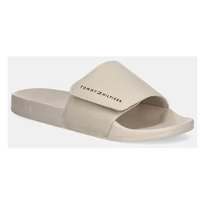 Pantofle Tommy Hilfiger STRAPPY HILFIGER POOL SLIDE pánské, béžová barva, FM0FM05095