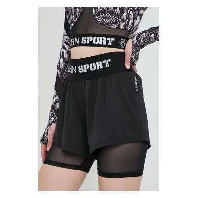 Kraťasy PLEIN SPORT dámské, černá barva, s potiskem, high waist