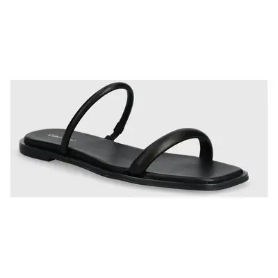 Kožené pantofle Calvin Klein FLAT SLIDE LTH dámské, černá barva, HW0HW02127