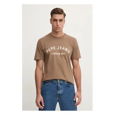 Bavlněné tričko Pepe Jeans ALDRIDGE hnědá barva, s potiskem, PM509628