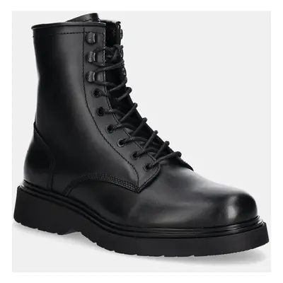 Kožené trapery Calvin Klein LACE UP BOOT W/ ZIP LTH pánské, černá barva, HM0HM01575