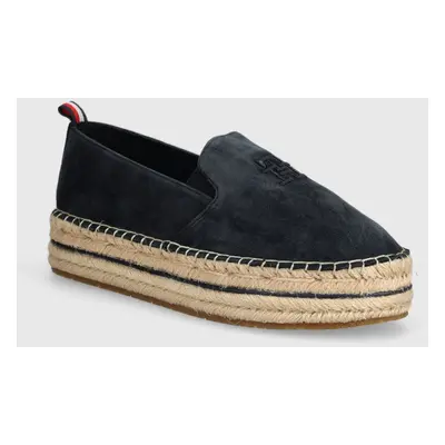 Semišové espadrilky Tommy Hilfiger TH EMBROIDERED SUEDE FLATFORM tmavomodrá barva, na platformě,