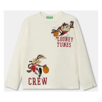 Dětské bavlněné tričko s dlouhým rukávem United Colors of Benetton x Looney Tunes béžová barva, 