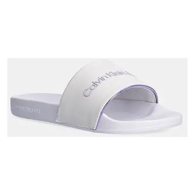 Pantofle Calvin Klein Jeans SLIDE INSTITUITIONAL MTR dámské, bílá barva, YW0YW01508