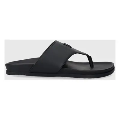 Kožené žabky Tommy Hilfiger THONG COMFORT SANDAL dámské, tmavomodrá barva, na plochém podpatku, 