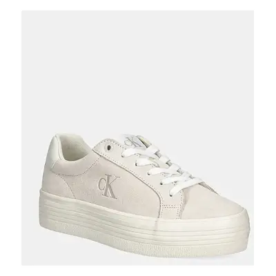 Semišové sneakers boty Calvin Klein Jeans VULC FLATFORM LACEUP LOW MG S béžová barva, YW0YW01576