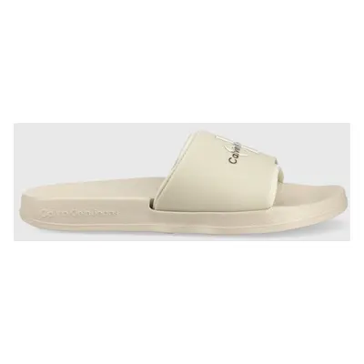 Pantofle Calvin Klein Jeans SLIDE MONOGRAM TPU pánské, béžová barva, YM0YM00361