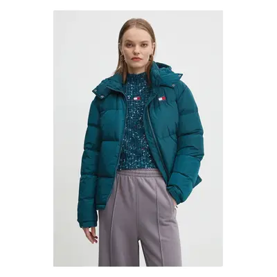 Péřová bunda Tommy Jeans dámská, zelená barva, zimní, oversize, DW0DW18610