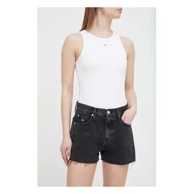 Džínové šortky Tommy Jeans dámské, černá barva, hladké, high waist, DW0DW17633